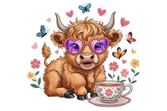 Cute Highland Cow with Heart Glasses PNG